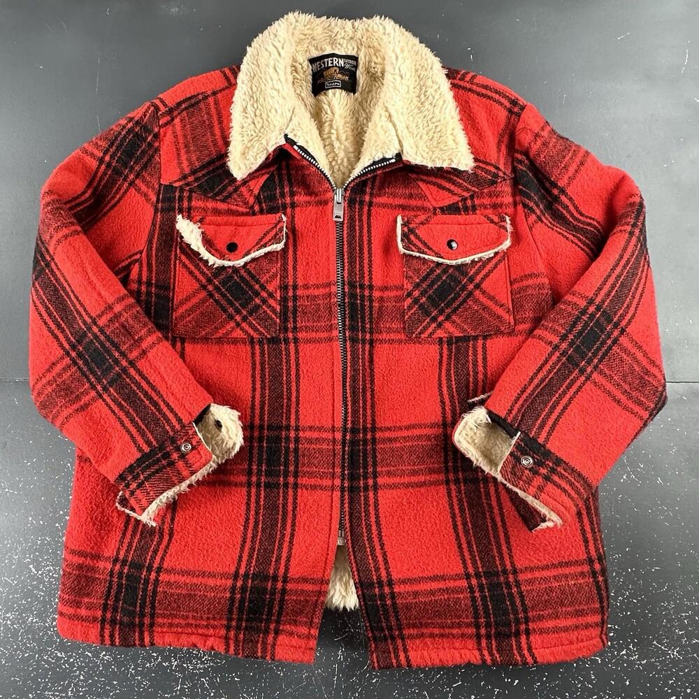 VTG Sears Western Jacket Mens XL Red Black Check Plaid Wool Sherpa Lined 70's US